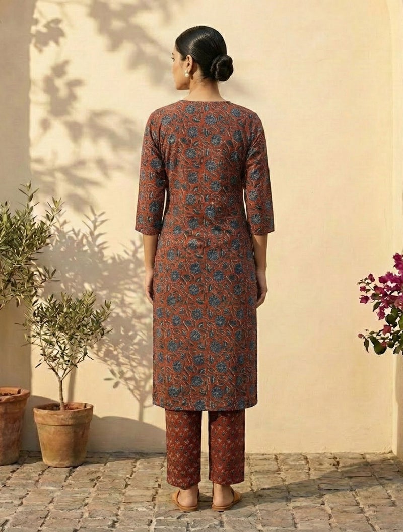 trueBrowns طقم كورتا بنطال دوباتا مزين بطبعة زهور صدئة من trueBrowns - Image 2